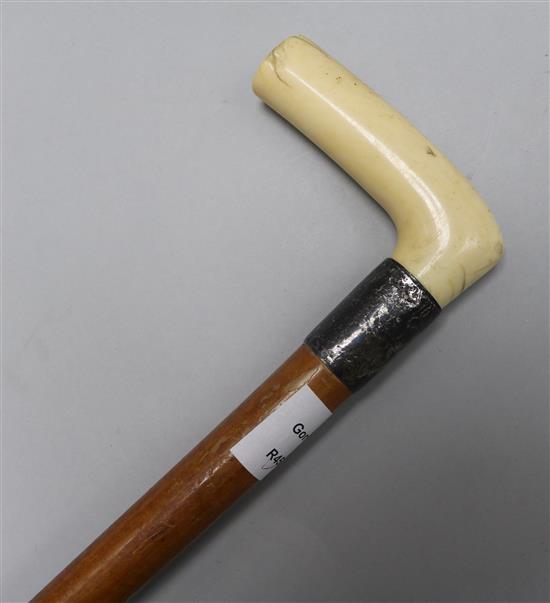 An ivory and silver mounted malacca walking stick 91cm